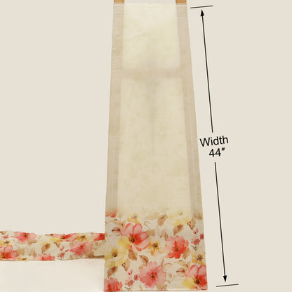Floral fabric strip with measurement label on a beige background
