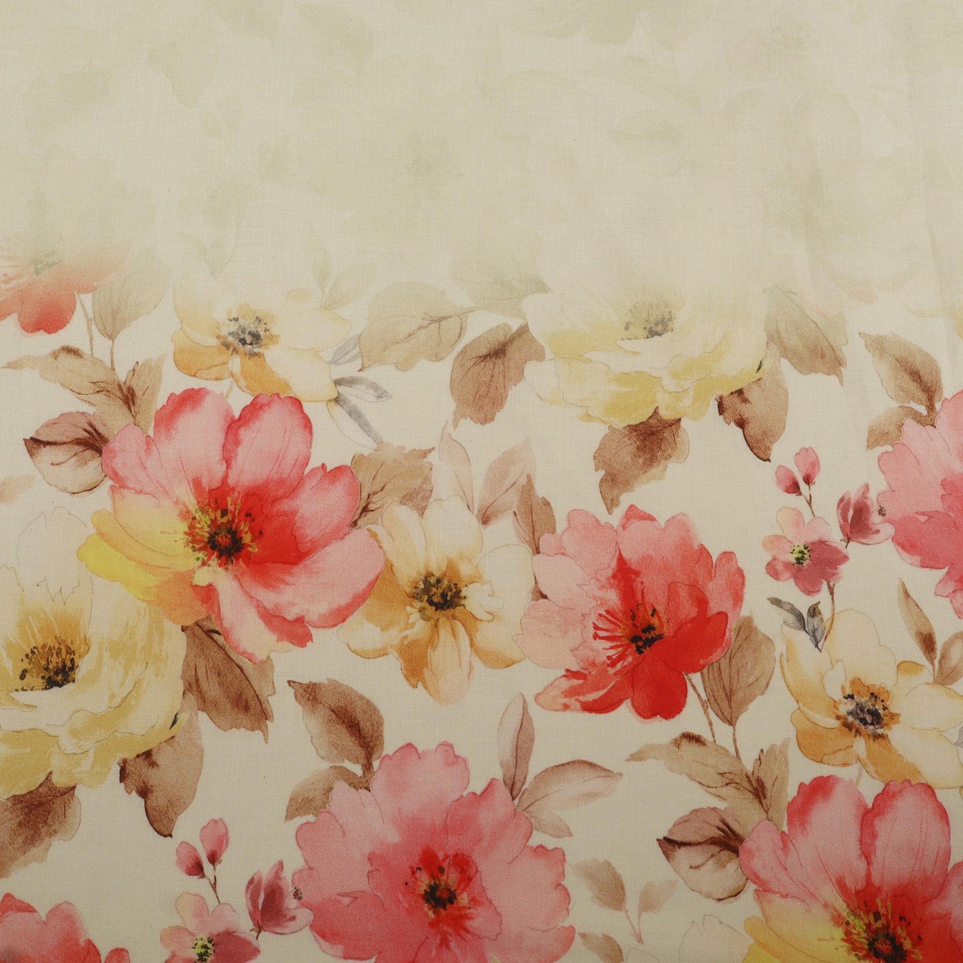 Floral pattern with pink, yellow, and red flowers on a beige background