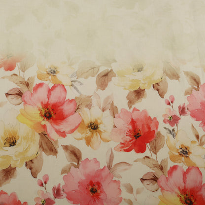 Floral pattern with pink, yellow, and red flowers on a beige background
