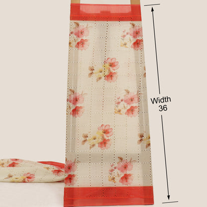 Floral patterned fabric with red border and measurement label on beige background