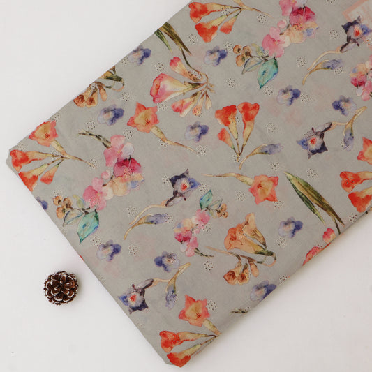 Cotton Chikan Print Embroidery Fabric