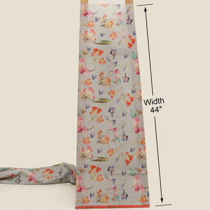 Floral-patterned fabric with a measurement label indicating width 44 inches on a beige background.