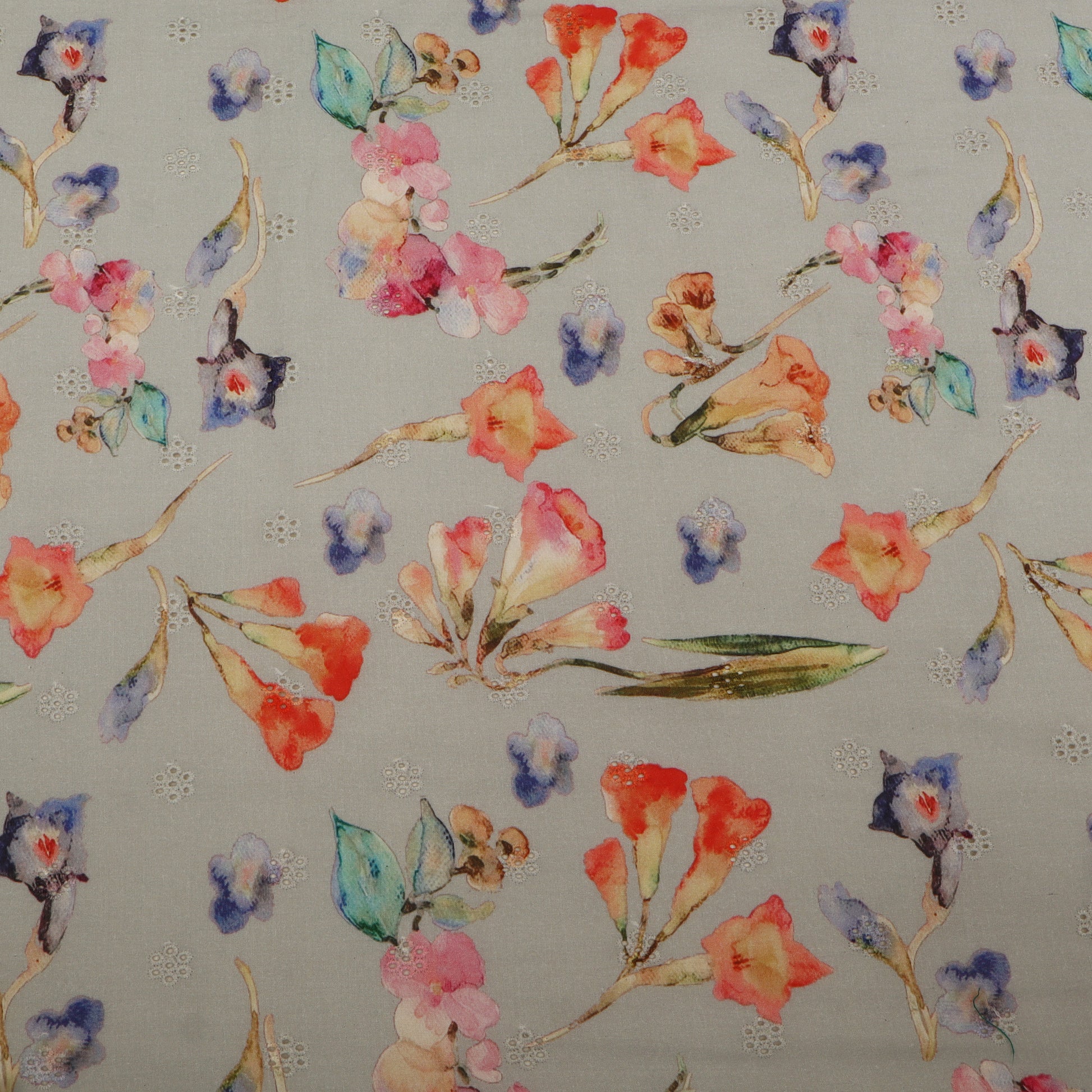 Floral pattern with colorful flowers and leaves on a light gray background