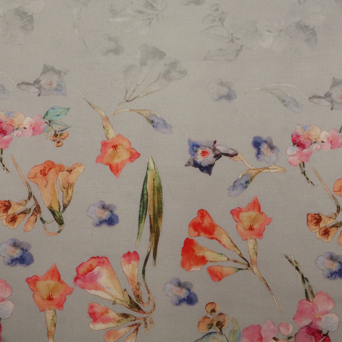 Floral pattern on fabric with colorful flowers and leaves on a light gray background