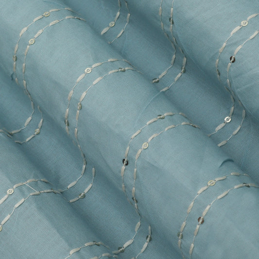 Sky Blue Color Cotton Stripe Embroidery Fabric