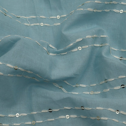 Sky Blue Color Cotton Stripe Embroidery Fabric