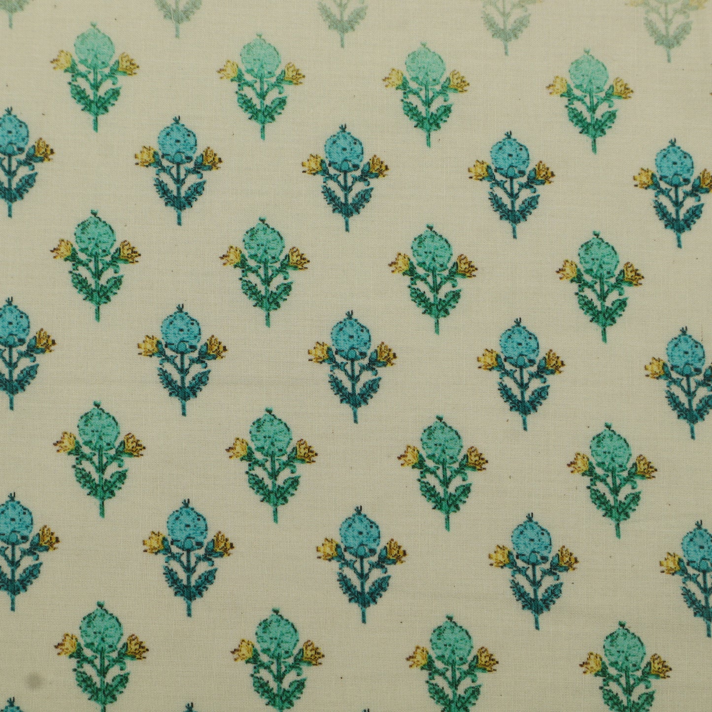 Patterned fabric with teal floral design on a beige background