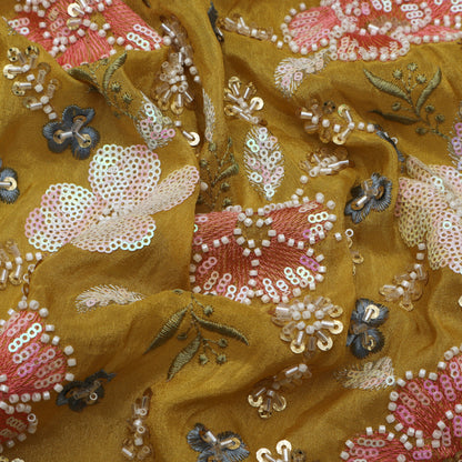 Mustard Color Tissue Embroidery Fabric