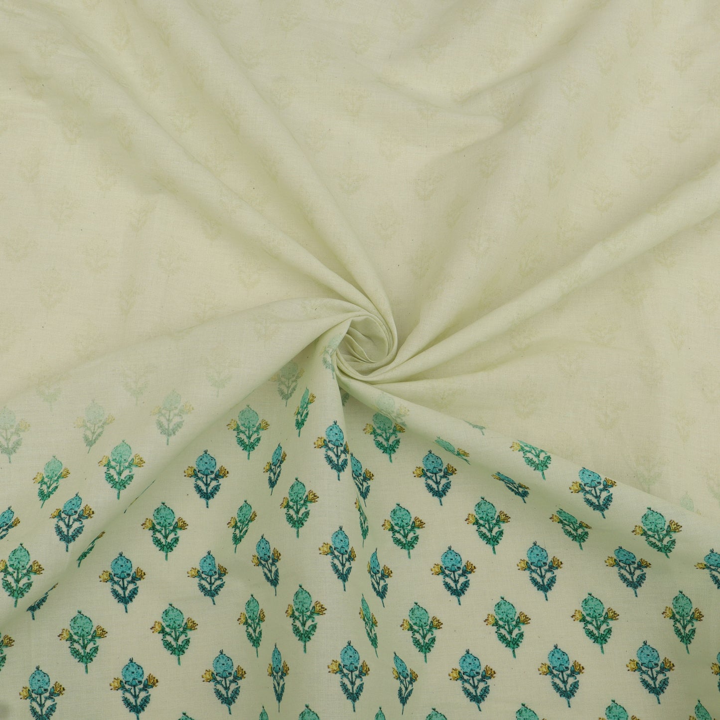 Beige fabric with small floral patterns in green and blue