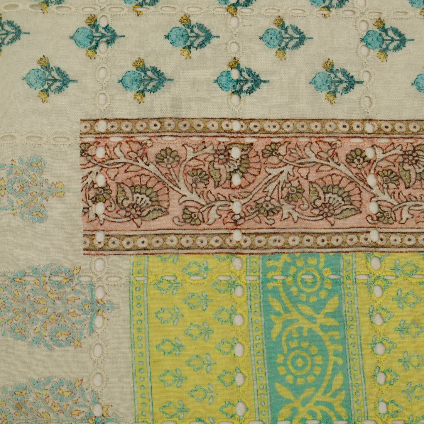 Close-up of a fabric with intricate patterns and colors