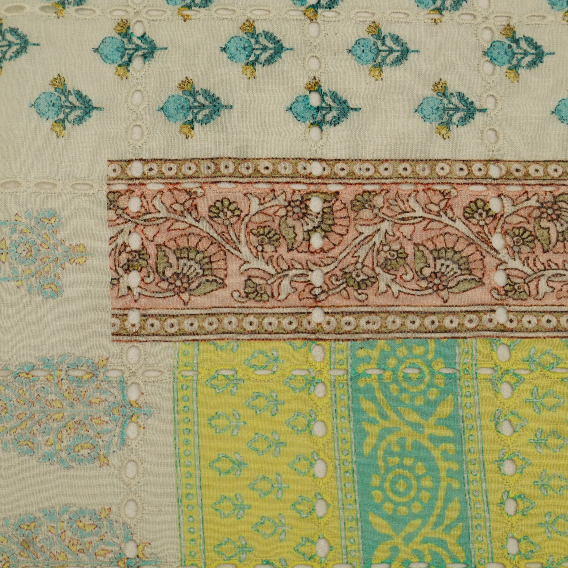 Close-up of a fabric with intricate patterns and colors