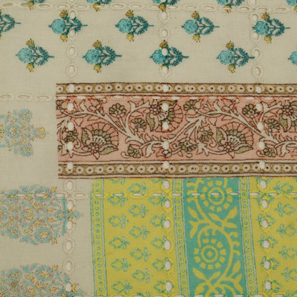 Close-up of a fabric with intricate patterns and colors