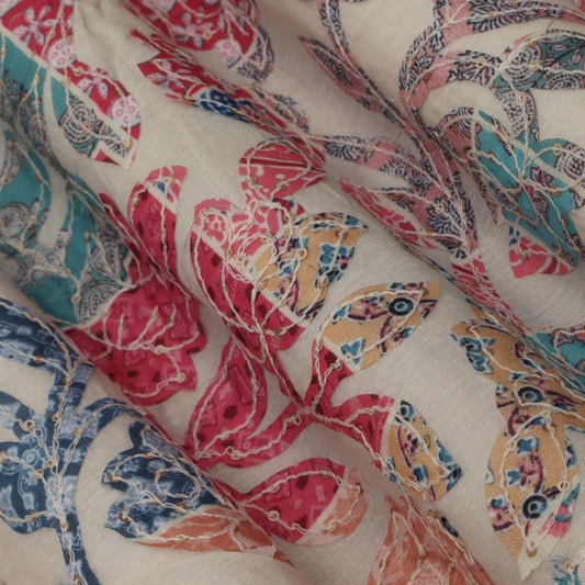 Off White Color Kora Cotton Embroidery Fabric