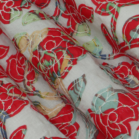 Off White Color Kora Cotton Embroidery Fabric