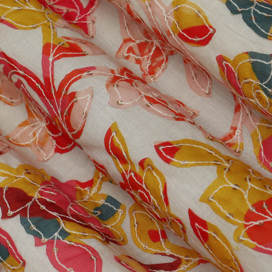 Off White Color Kora Cotton Embroidery Fabric