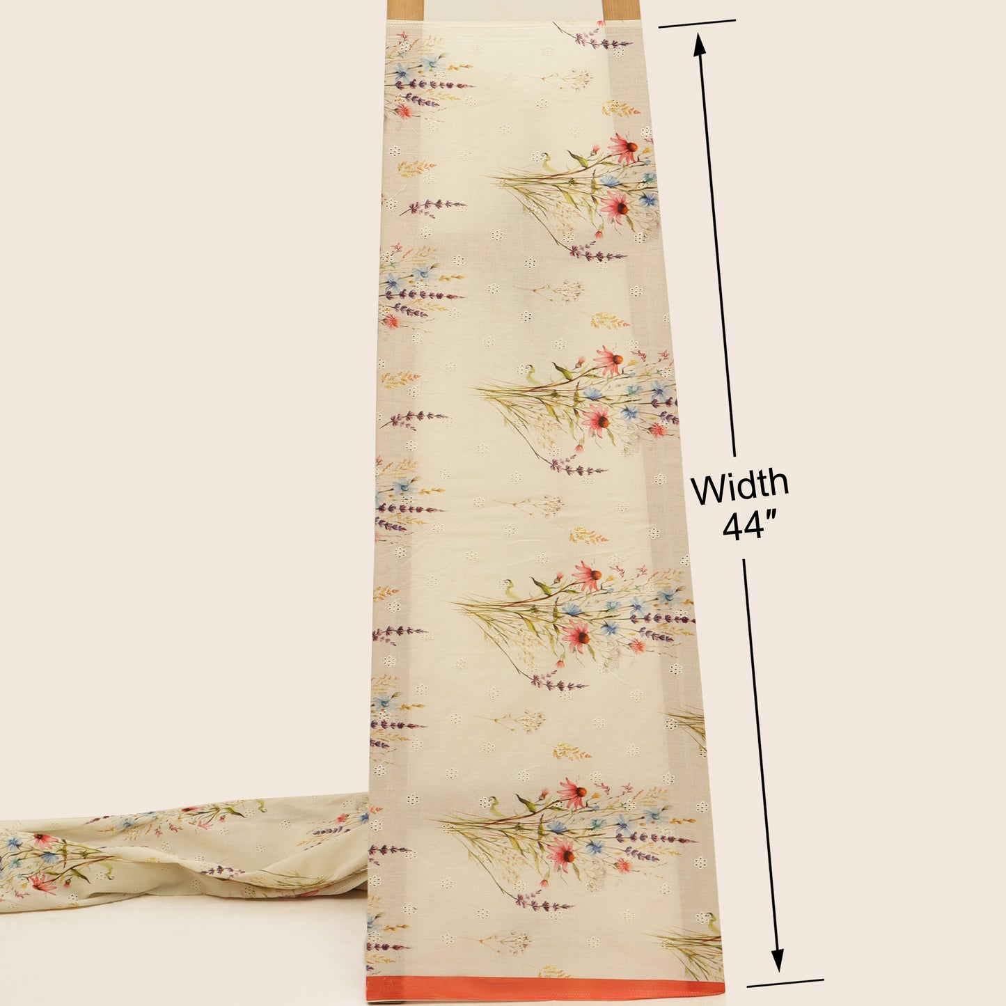 Floral patterned fabric with a measurement label indicating width 44” on a white background.