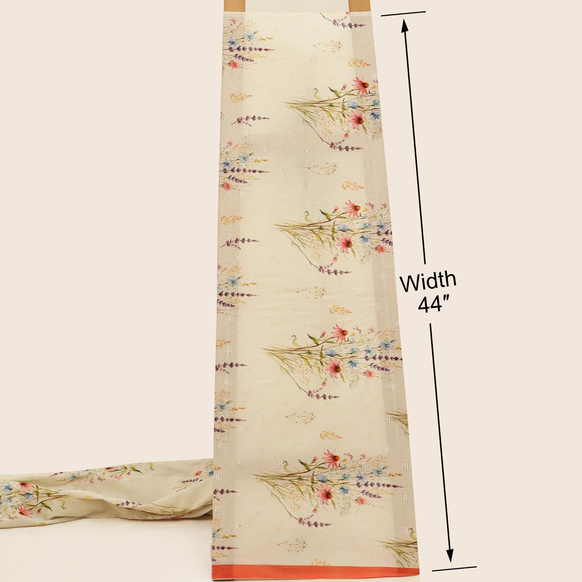 Floral patterned fabric with a measurement label indicating width 44” on a white background.