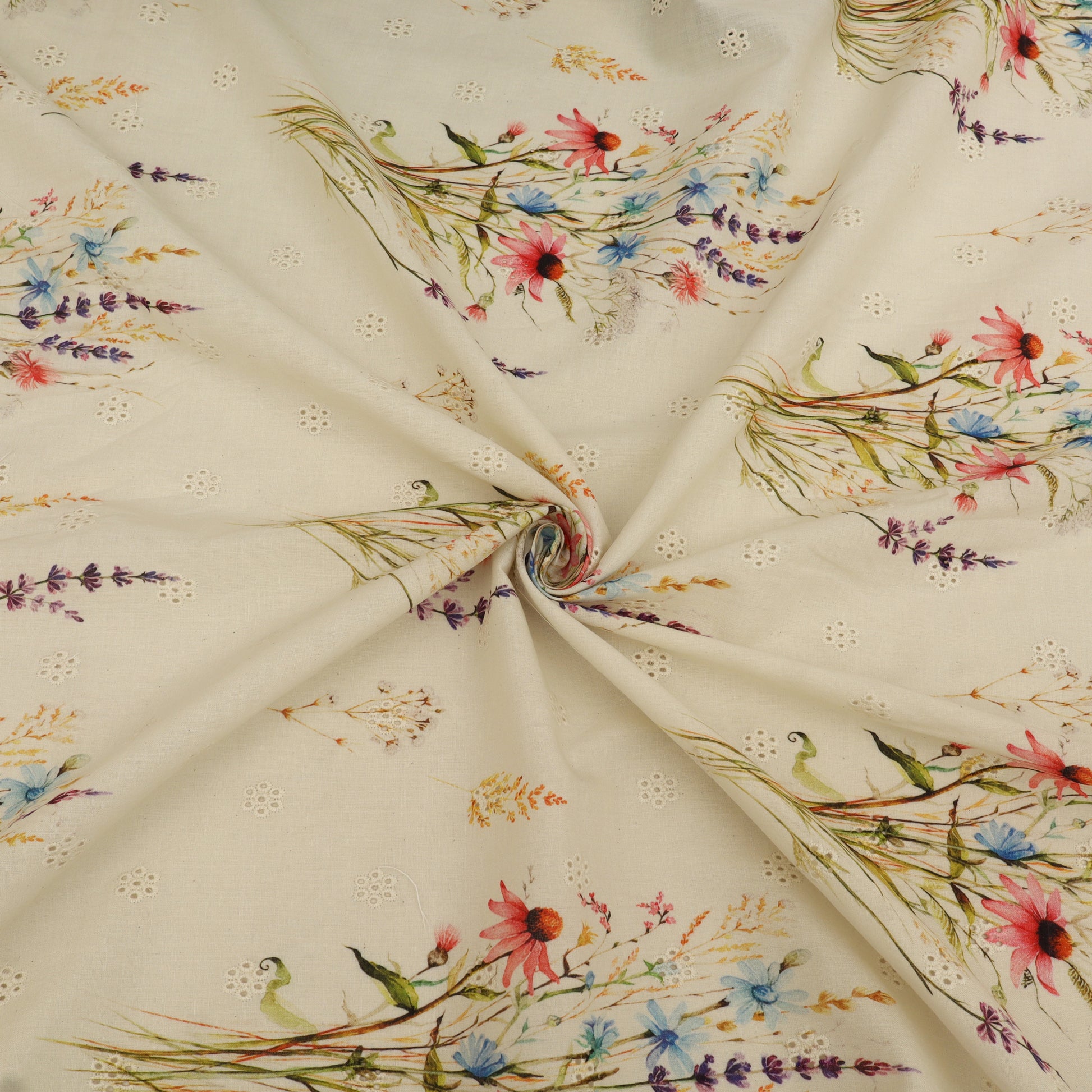Floral patterned fabric with colorful flowers on a beige background