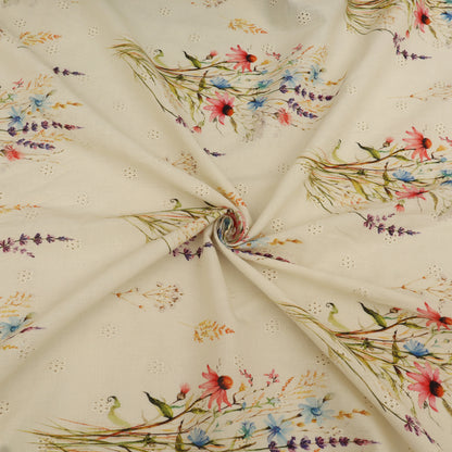 Floral patterned fabric with colorful flowers on a beige background