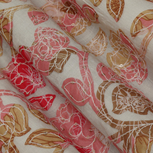 Off White Color Kora Cotton Embroidery Fabric