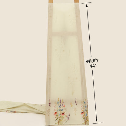 Fabric with floral design and measurement label indicating width 44 inches on a beige background