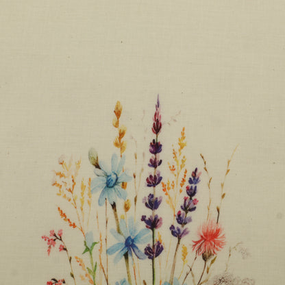 Watercolor painting of various flowers on a beige background
