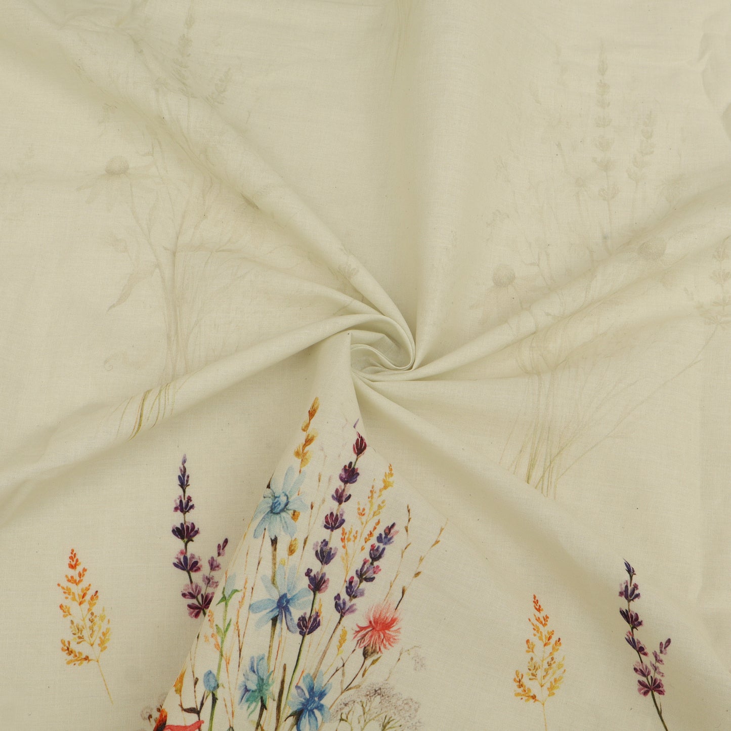 Beige fabric with colorful floral embroidery