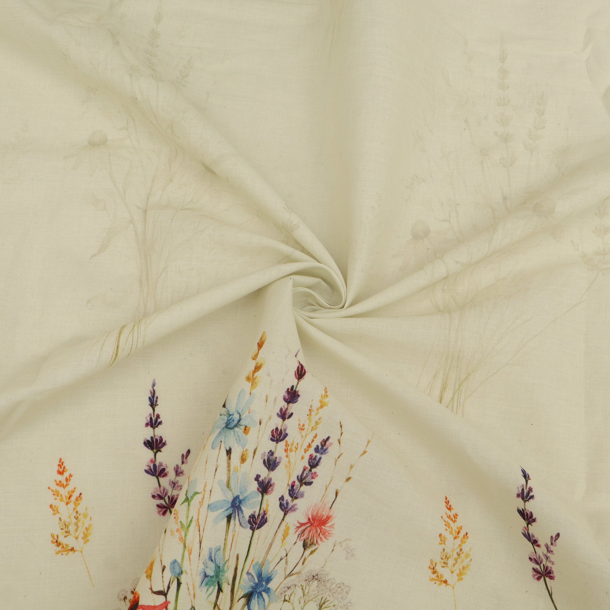 Beige fabric with colorful floral embroidery