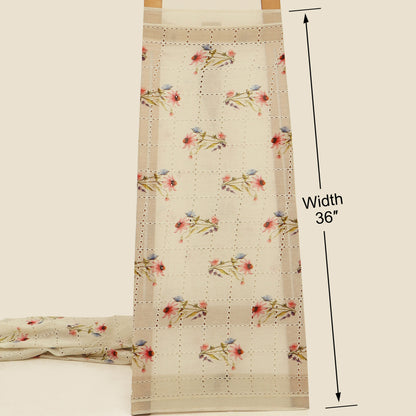 Floral patterned fabric with measurement details on a beige background