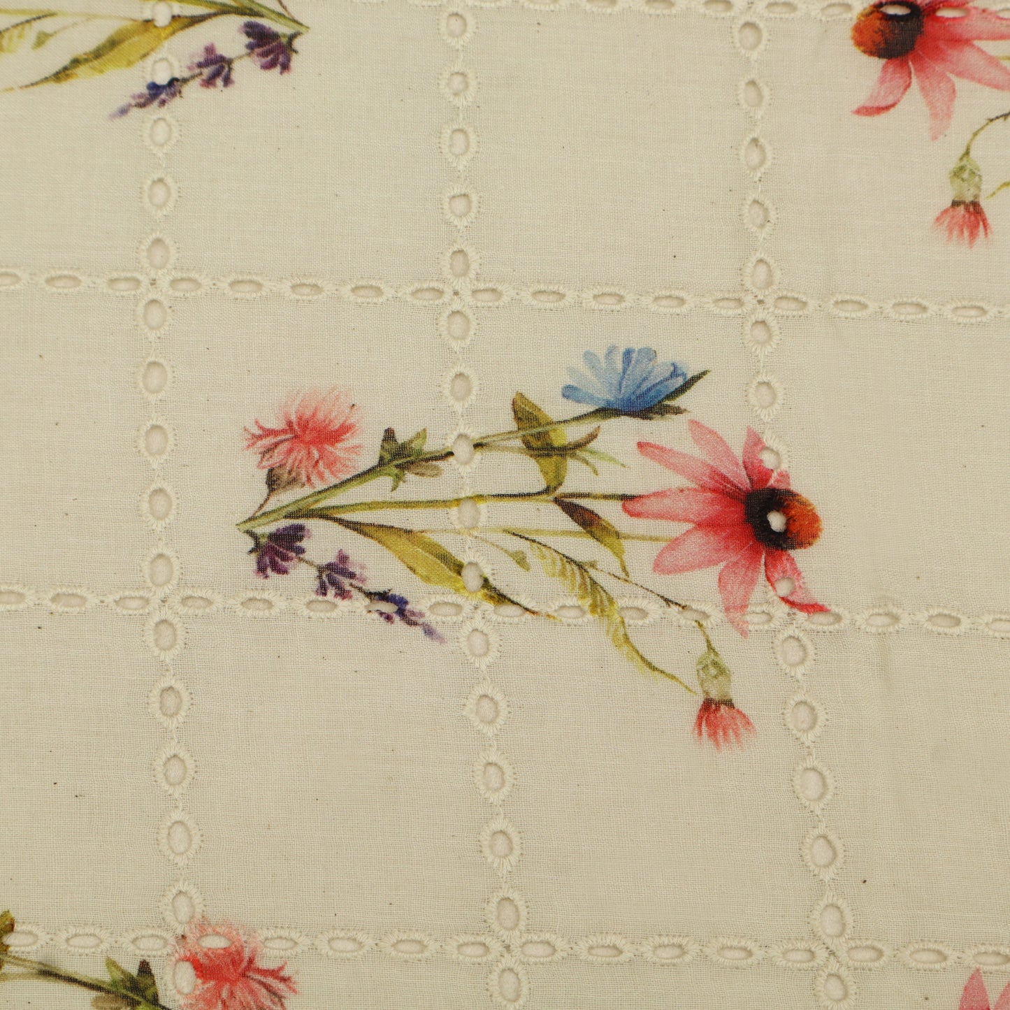 Floral pattern with pink and blue flowers on a beige background