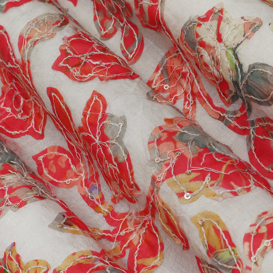 Off White Color Kora Cotton Embroidery Fabric