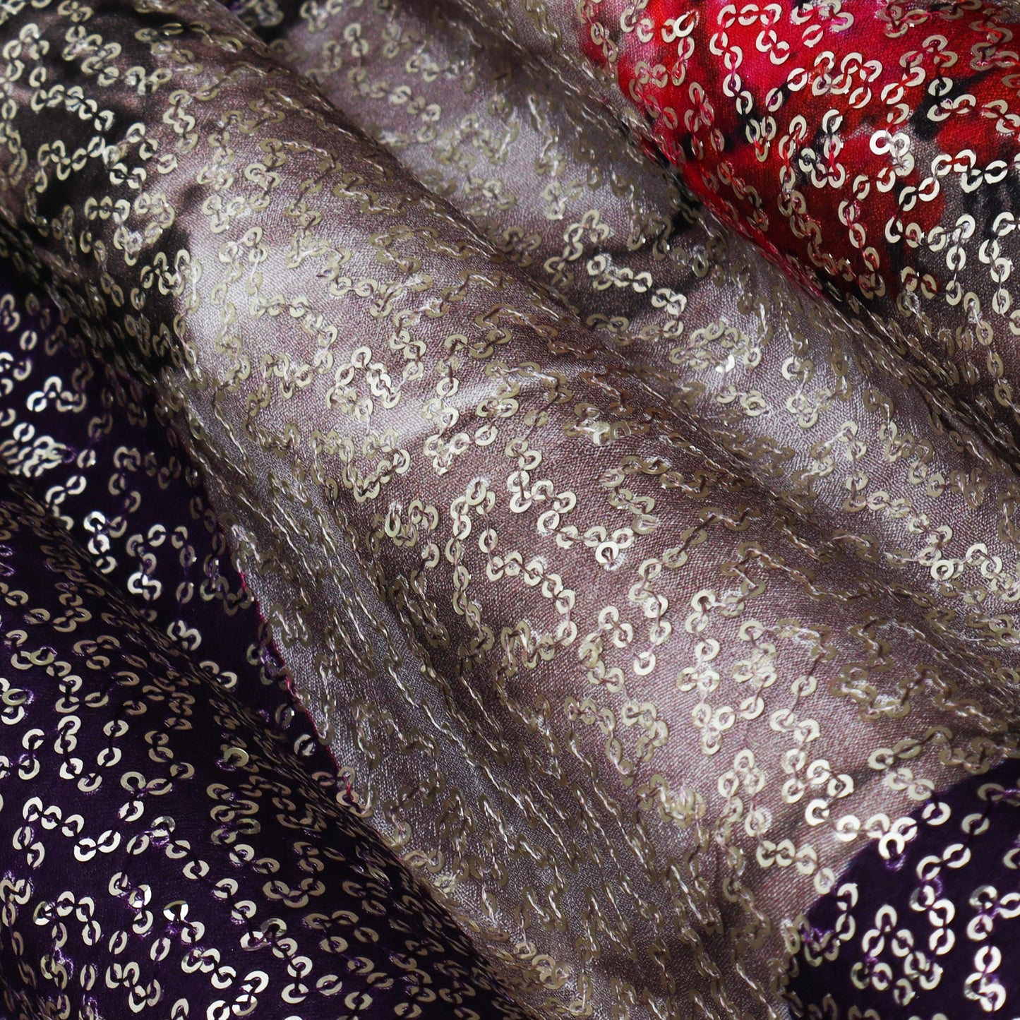 Purple Color Chinon Print Sequins Embroidery Fabric