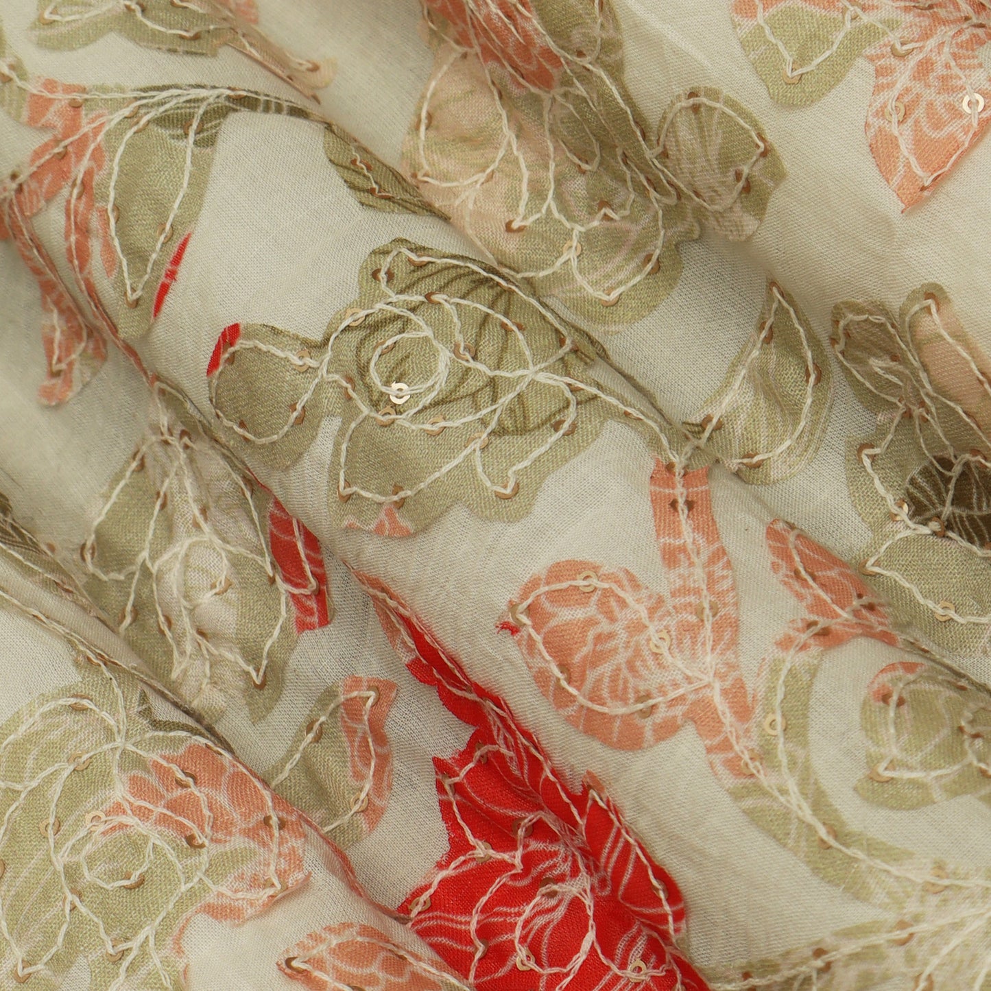 Off White Color Kora Cotton Embroidery Fabric