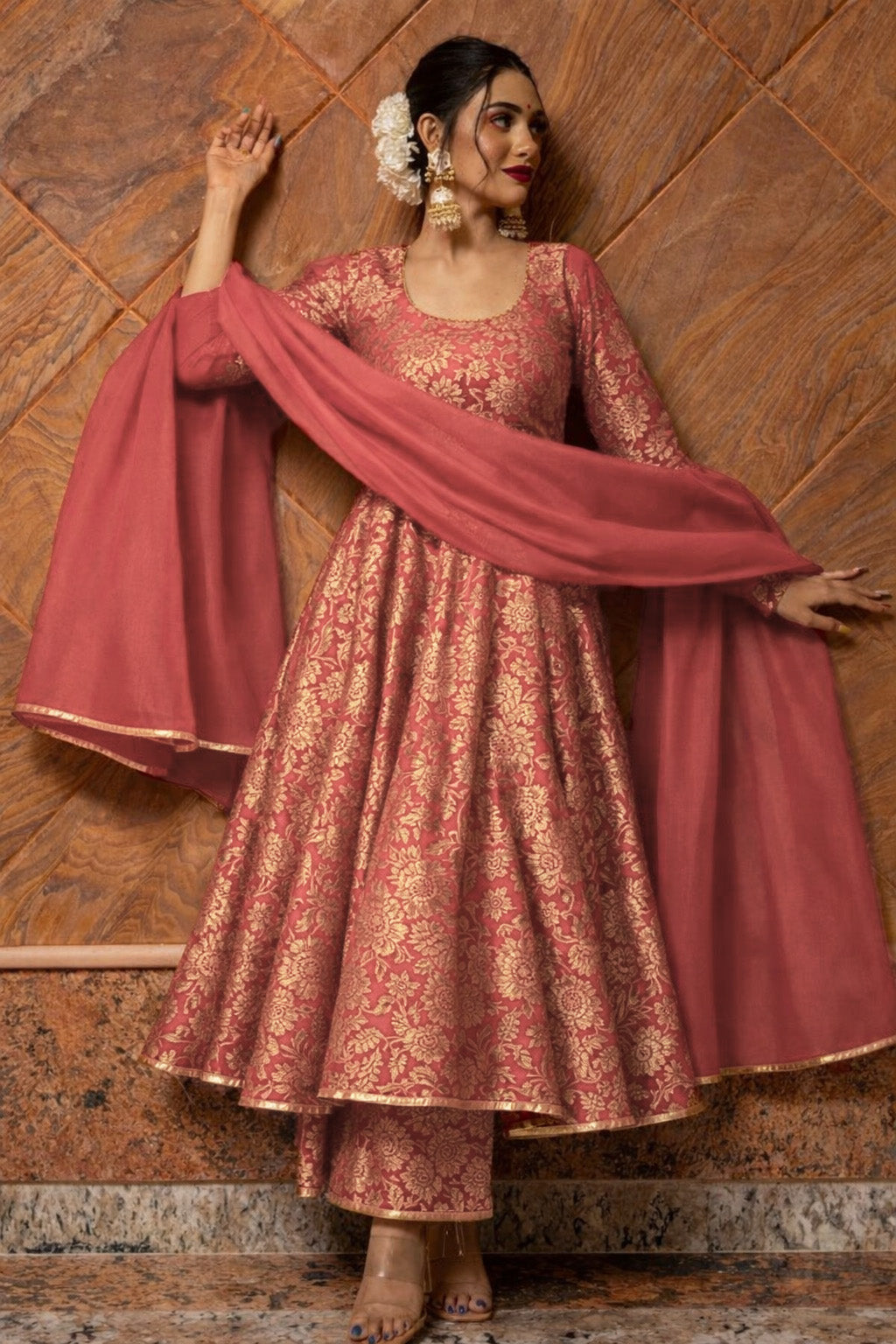 Floral Brocade Fabric with Gold Zari