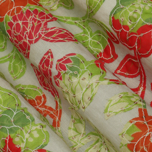 Off White Color Kora Cotton Embroidery Fabric
