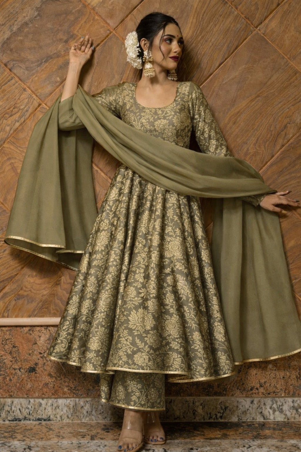 Floral Brocade Fabric with Gold Zari