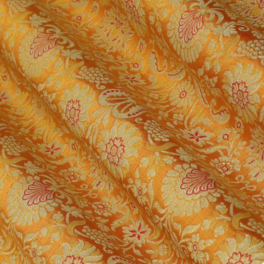Royal Pure Kimkhab Brocade Fabric – Intricate Gold Zari Floral Heritage Weave