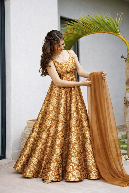 Floral Brocade Fabric with Gold Zari