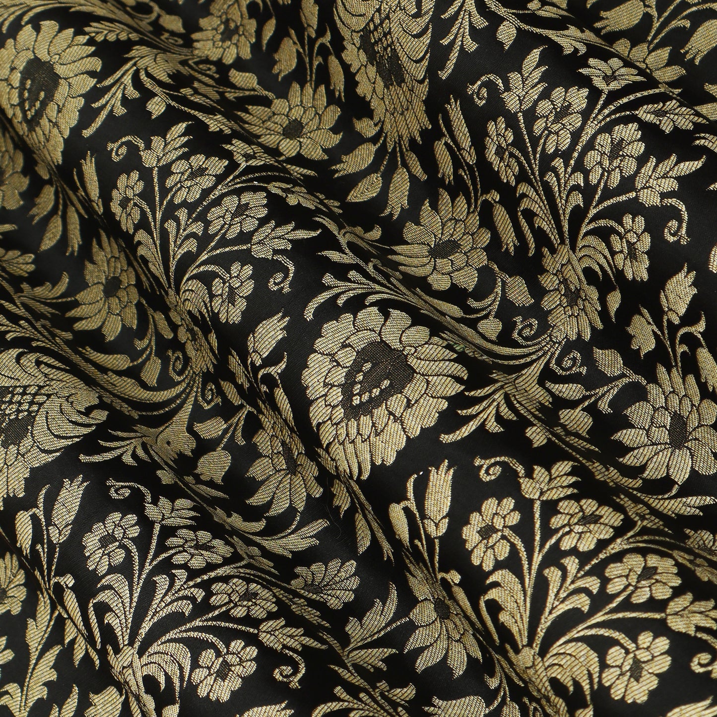 Pure Kimkhab Brocade Fabric Regal Gold Zari Floral Weave on Rich Dark Base