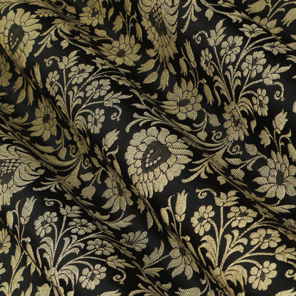 Pure Kimkhab Brocade Fabric Regal Gold Zari Floral Weave on Rich Dark Base