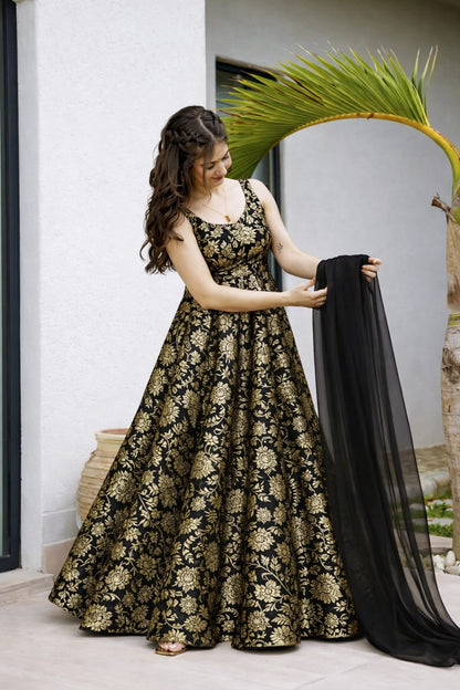 Pure Kimkhab Brocade Fabric Regal Gold Zari Floral Weave on Rich Dark Base