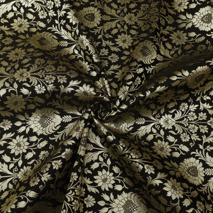 Pure Kimkhab Brocade Fabric Regal Gold Zari Floral Weave on Rich Dark Base