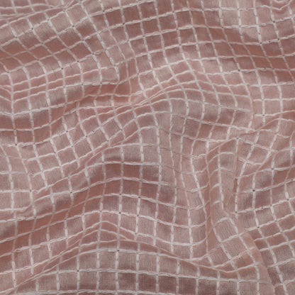 Pink Color Chanderi Check Embroidery Fabric