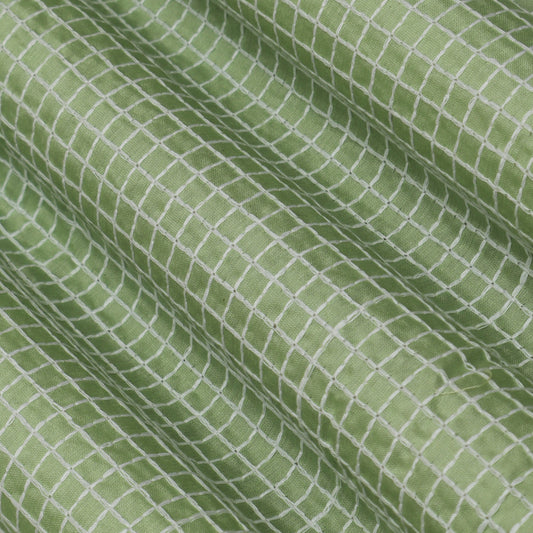 Pista Green Color Chanderi Check Embroidery Fabric