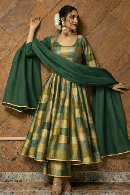 Pure Tissue Brocade Fabric  Multitone Checked Weave with Elegant