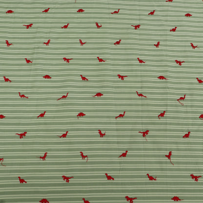 Pattern of red dinosaurs on a green striped background