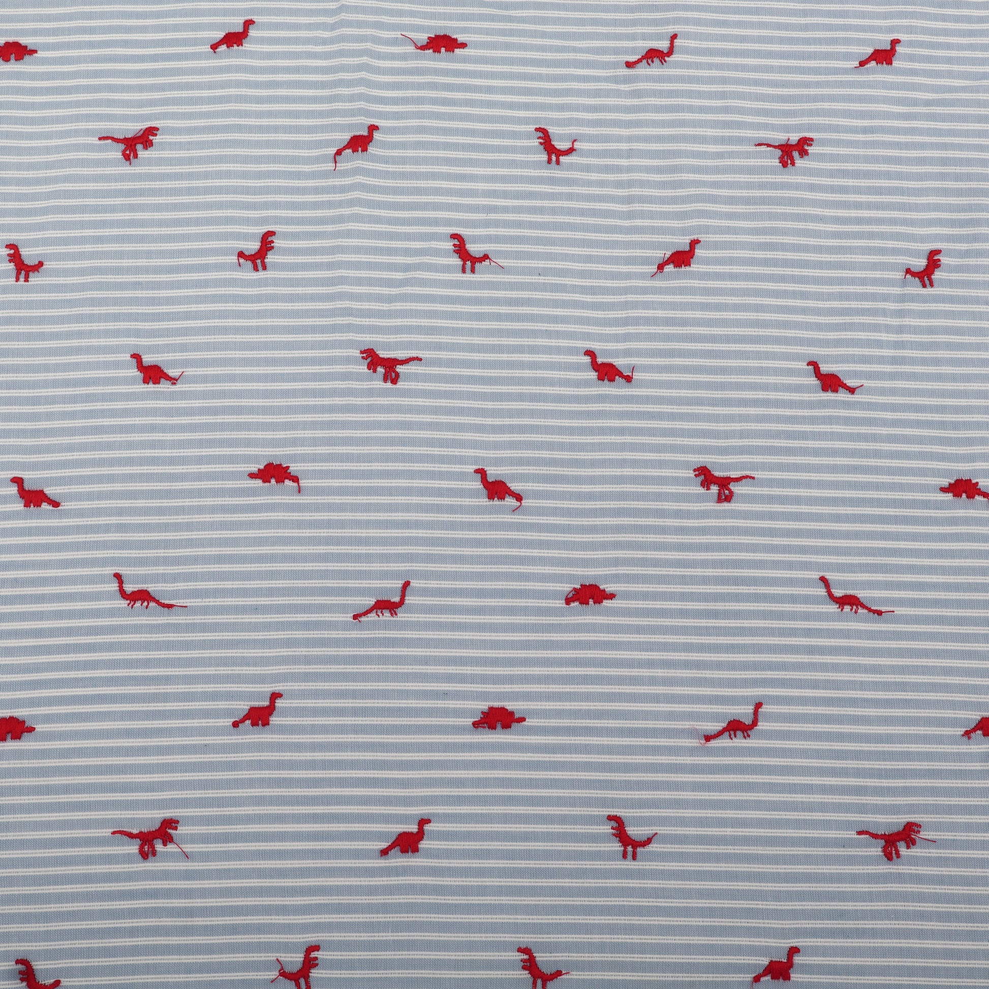 Pattern of red dinosaurs on a blue striped background