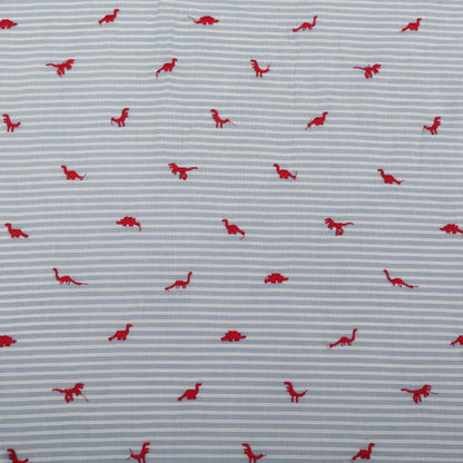Pattern of red dinosaurs on a blue striped background