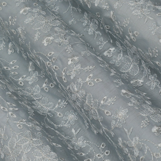 Grey Color Chanderi Embroidery Fabric