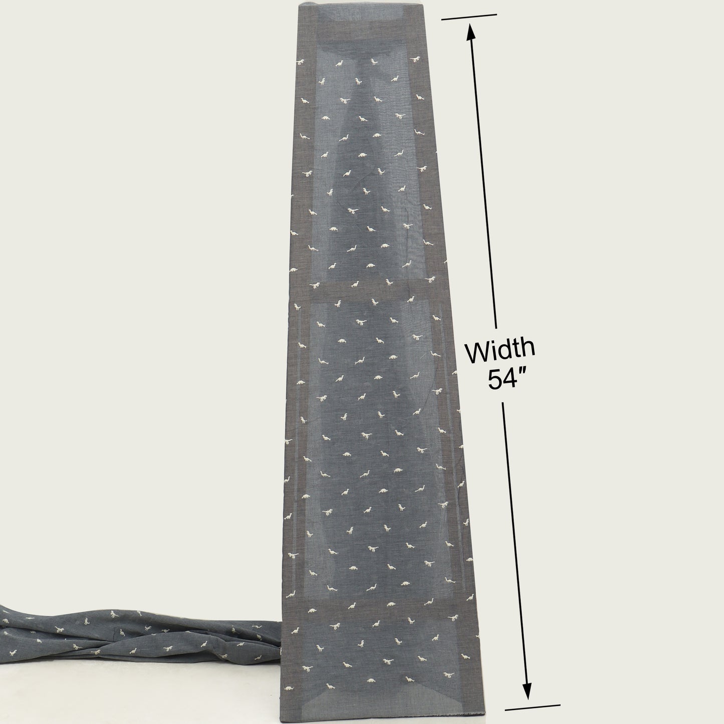 Gray fabric with a subtle pattern and measurement details on a white background